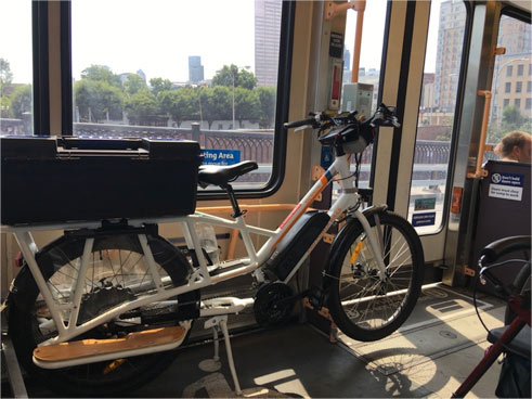Sunride electric bike on Portland's Max train