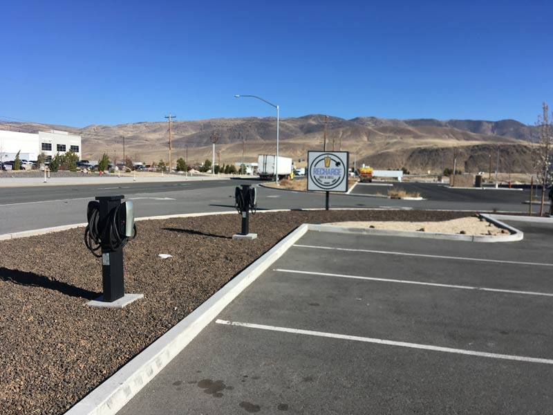 Tesla superchargers at the recharge grill near the Gigafactory.