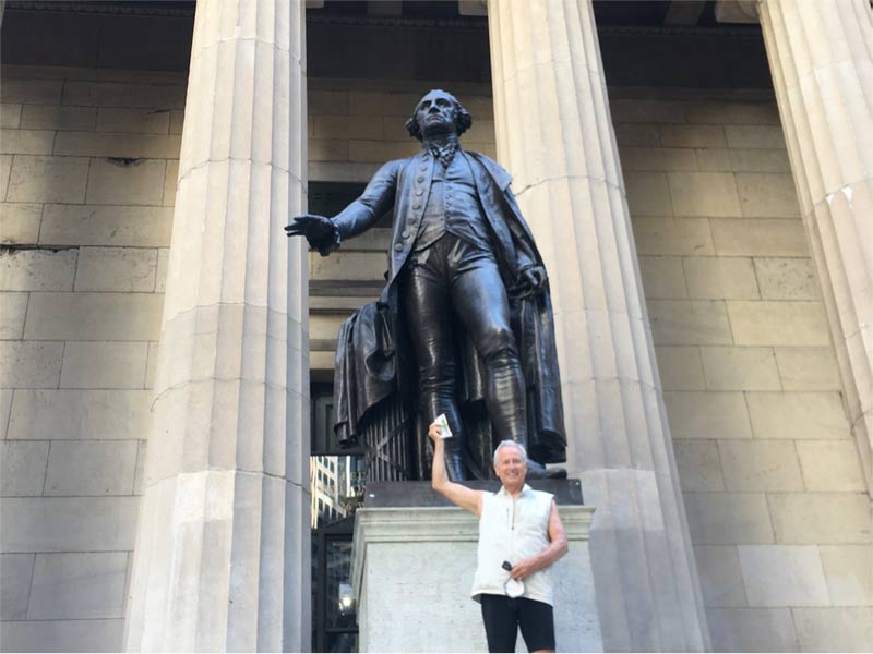 JP offers some cash to George Washington presiding over Wall Street. Invest it well, George!