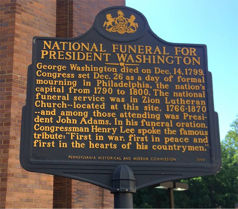 Marker describing George Washington's national funeral service in Philadelphia.