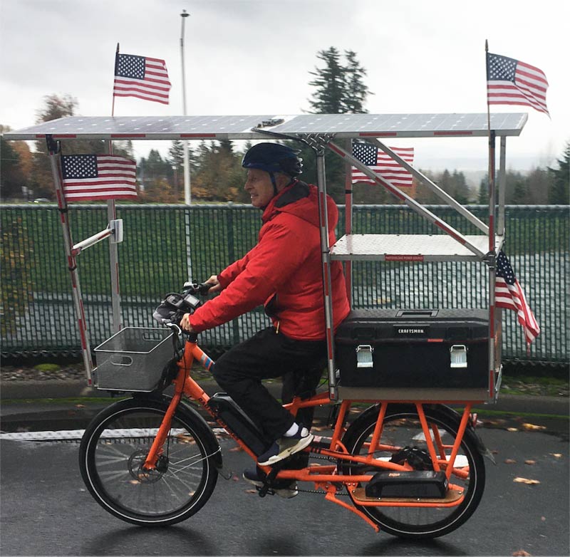 John Patterson on Sunride decked out with American flags - celebrating Election 2020