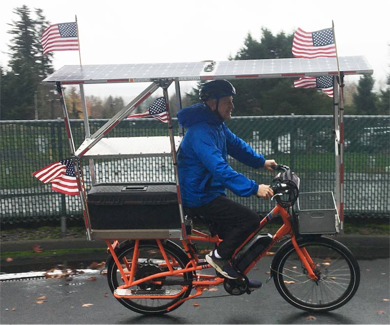 John Patterson on Sunride decked out with American flags - celebrating Election 2020