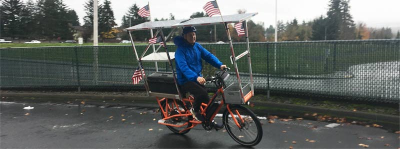 John Patterson on Sunride decked out with American flags - celebrating Election 2020