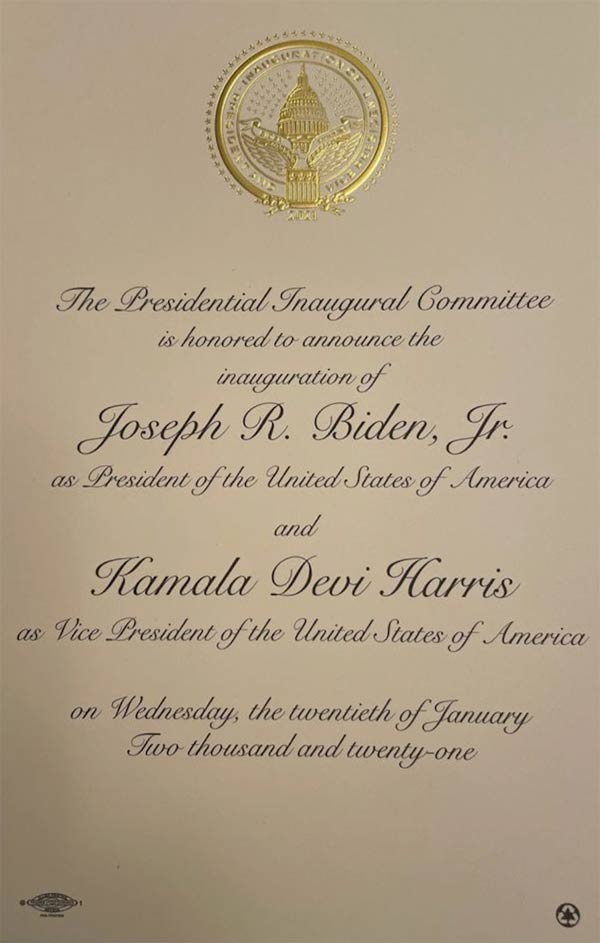 Joe Biden's inauguration invitation. Note in the lower right hand corner the invitation was printed on recycled paper