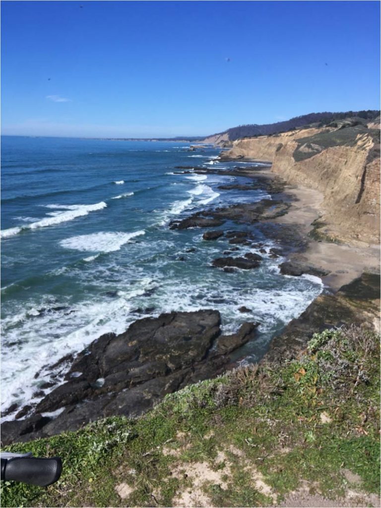 Coast view on Hwy. 1 between Monterey Bay toward the city of Santa Cruz.